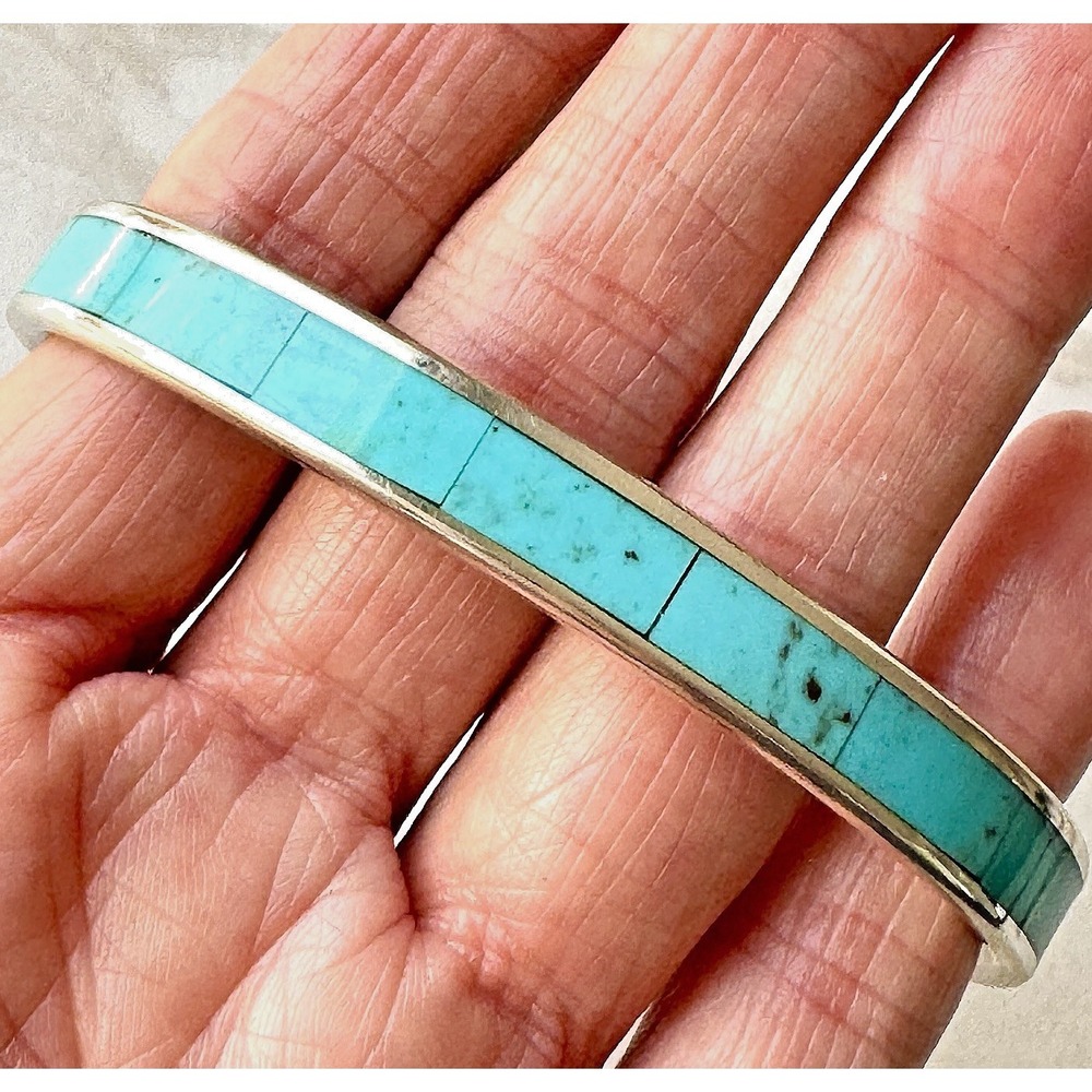 Mens Native Amer Turquoise Cuff Bracelet 7.25 in Signed Loretto 30g Zuni Inlay